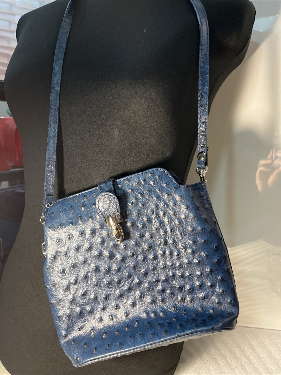 Navy Blue Brown Ostrich Style Crossbody / Backpack Bag  Adjustable Straps  Italy Ostrich Crossbody Pouch – ILoveDooney main image 4