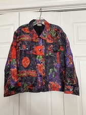 Chico's Size 2 Jacket Linen Silk Blend Colorful Print Buttons Long Sleeve Womens