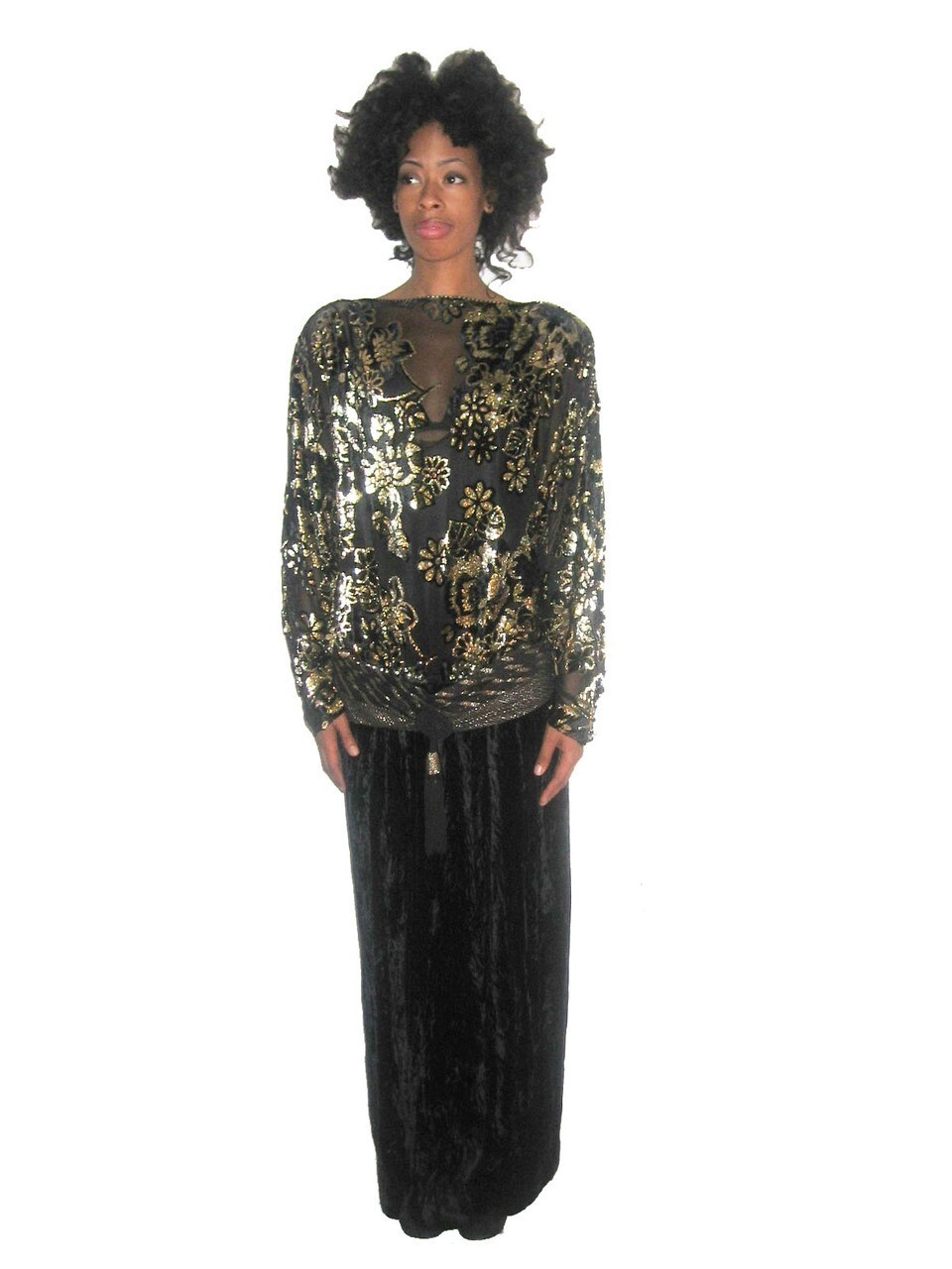 Vintage Black Metallic Gold See Thru Chiffon Floral Burnout Velvet Gown Dress image 4