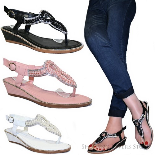 SCARPE DONNA SANDALI Infradito Gioiello Perle Strass Zeppa alta 4,5 cm B94  | eBay