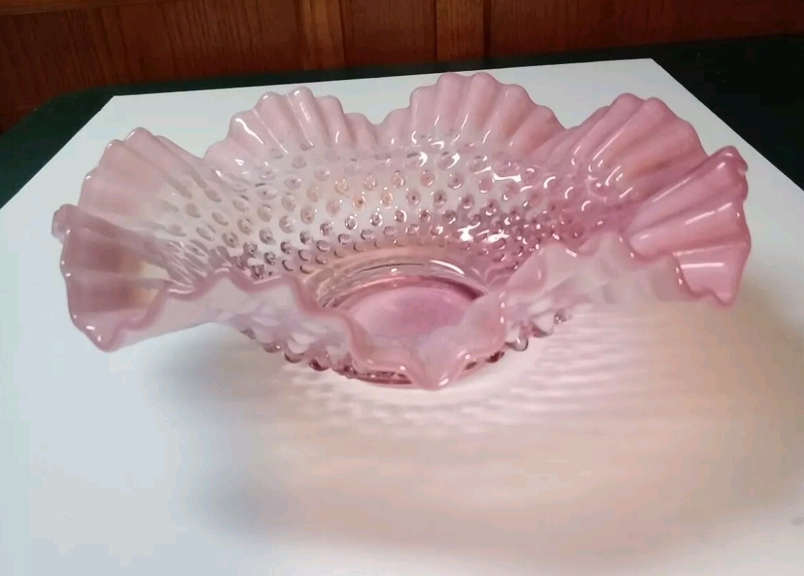 Vintage Fenton 10-3/4 Inch Cranberry Opalescent Hobnail Glass Bowl
