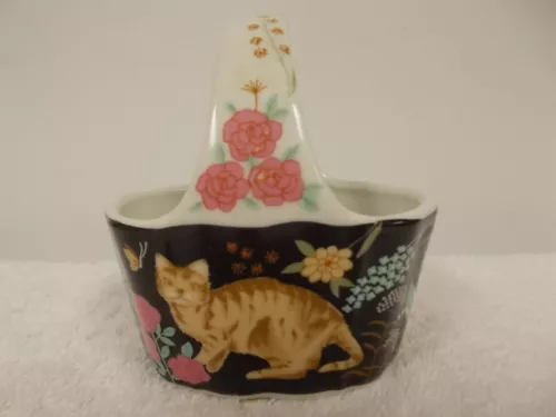 Vintage Action Cat Floral Flowers Small Porcelain Basket