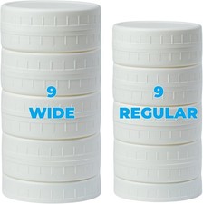 18 Pack White Plastic Mason Jar Lids with Silicone Rings, 9 Wide Mouth & 9 Regul