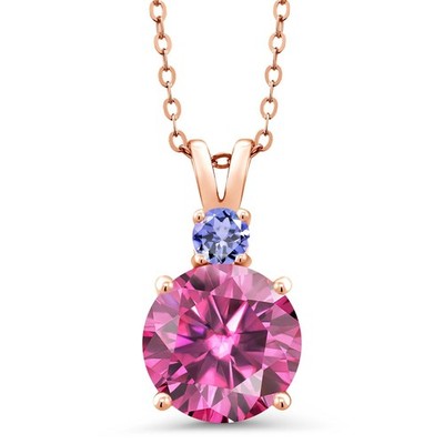 18K Rose Gold Plated Silver Pink Moissanite and Tanzanite Pendant Necklace For