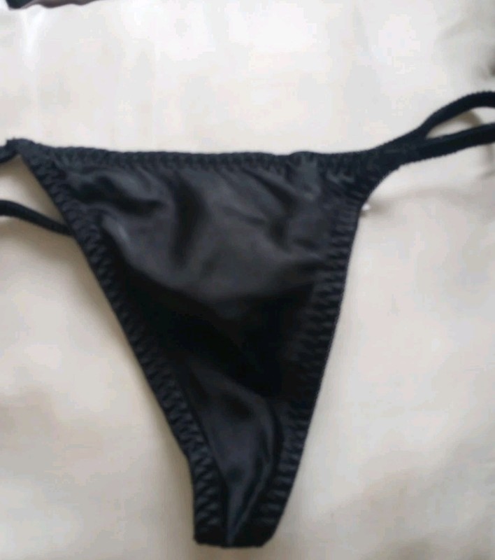 Vintage Gilligan O'Malley Satin String Bikini Panty Liquid Black Hi-Leg Size M