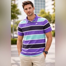 Nike Vintage Striped Polo Shirt Purple Teal Black Short Sleeve Men's Casual XXL