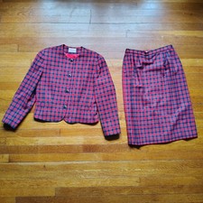 Pendleton 80s Vintage Wool Plaid Suit Sz 12 Red Tartan Blazer Jacket Skirt Set