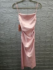 NEW BHLDN Emery Scoop Square Neck Stretch Satin Midi Dress in Pink Size XXSmall