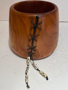 Antique wood Arts & Crafts vase with filled gap leather laced & beaded 5.75”tall