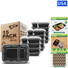 15-Pack 28oz BPA Free Meal Prep Containers - Stackable 2-Compartment Bento Boxes
