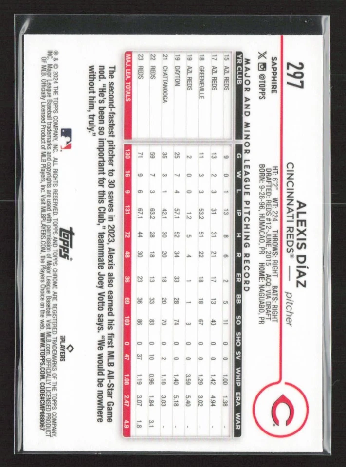 Alexis Díaz 2024 Topps Chrome Sapphire Edition #297 Cincinnati Reds - Image 2 of 2