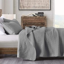 Quilt Set King Size Grey, Classic Geometric Spots Stitched Pattern, Stone-Washed