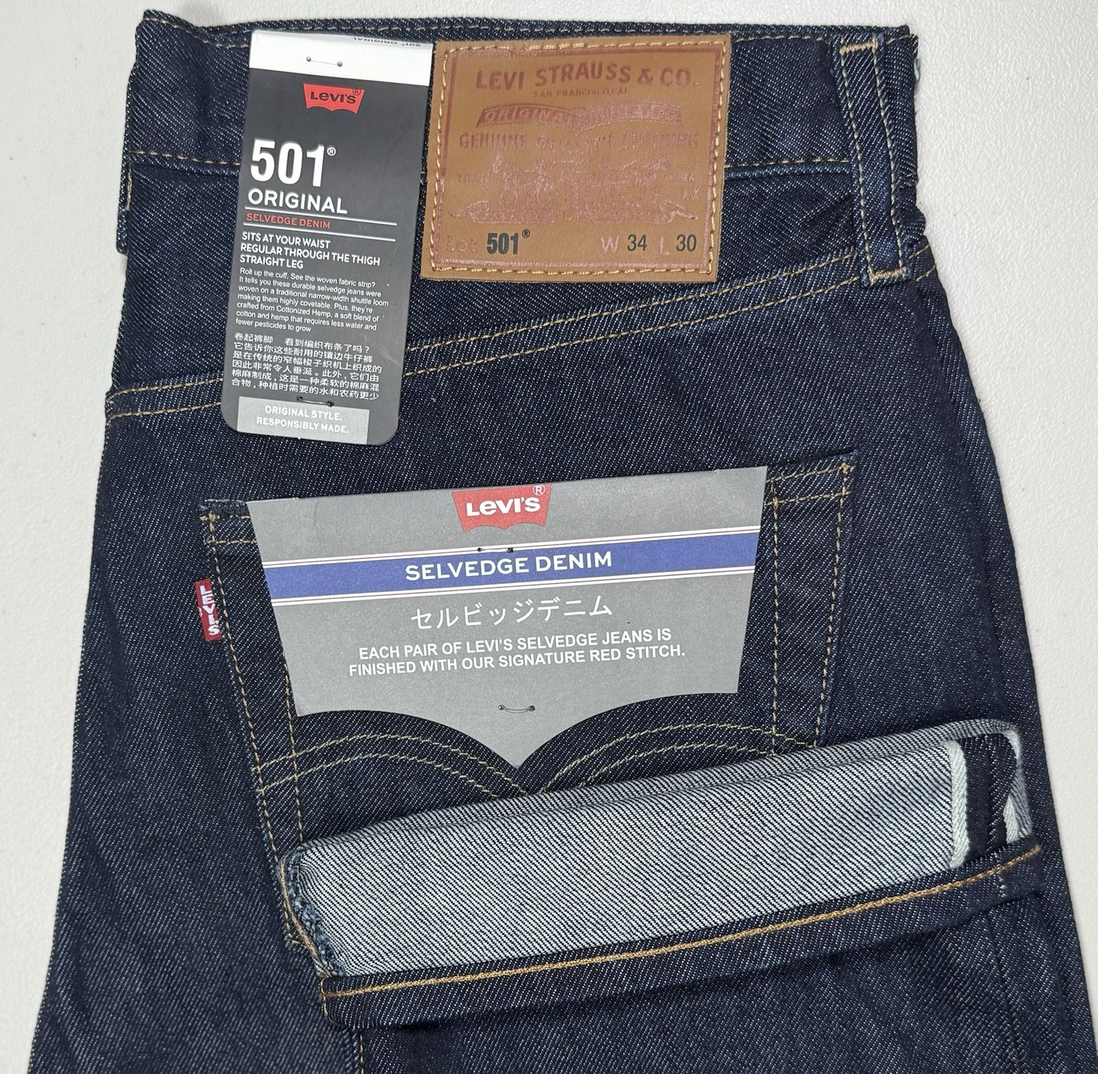Levis 501 Ribete Japonés Pestaña Azul y Pestaña Roja De Colección Regular Calce Recto Reino Unido