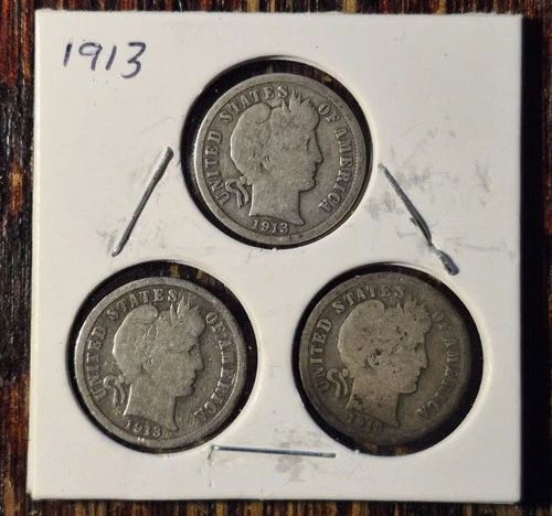barber dimes lot of 3 circulated 90% silver 1913