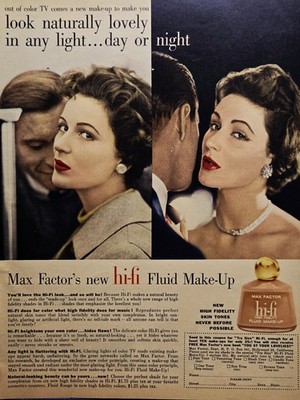 1957 Max Factor hi-fi Fluid Make-Up Print Ad Pretty Lady Lovely Day and Evening 