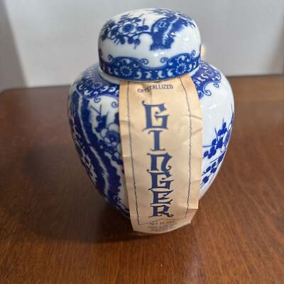 Vintage Chinese Ginger Jar Blue on White Cherry Blossoms & Lid Nice S7 - ,