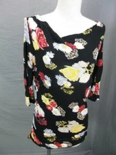 H&M SIZE M WOMENS BLACK FLORAL SHORT SLEEVE 100% VISCOSE CASUAL TOP T912