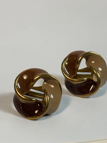 Vintage Gold Tone and Brown Enamel Clip On Earrings Retro Costume Jewelry