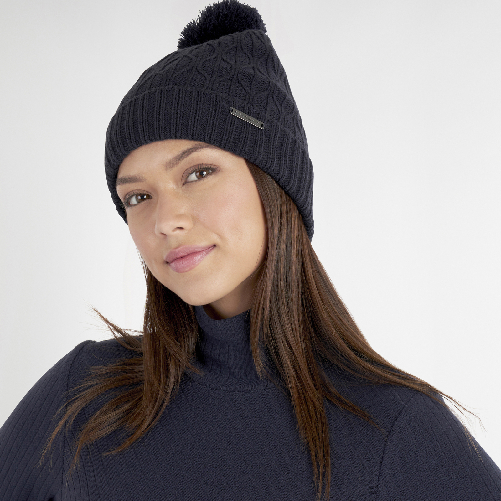 Green Lamb Ladies Fleece Lined Cable Knit Bobble Hat in Navy Blue