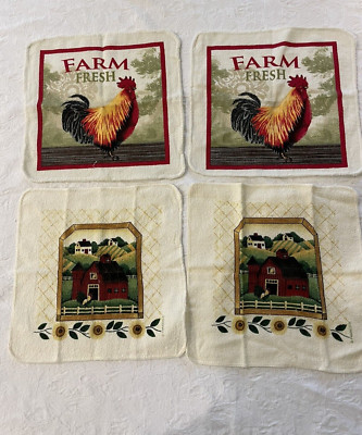 4 Kitchen Dish Cloth Roasters/Barn  Print Country  New Franco Grannycore READ