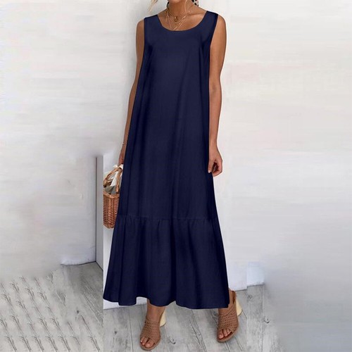 Maxi Vestido Para Mujer Informal Sin Mangas Largo Damas Verano Suelto Algodón Lino - Imagen 9 de 15