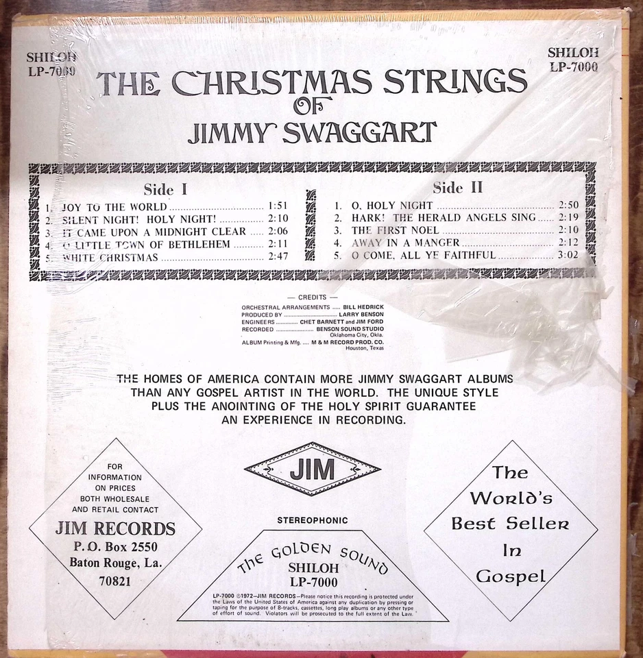 JIMMY SWAGGART THE CHRISTMAS STRINGS OF JIMMY SWAGGART SHILOH VINYL LP 198-28 - Image 2 of 4