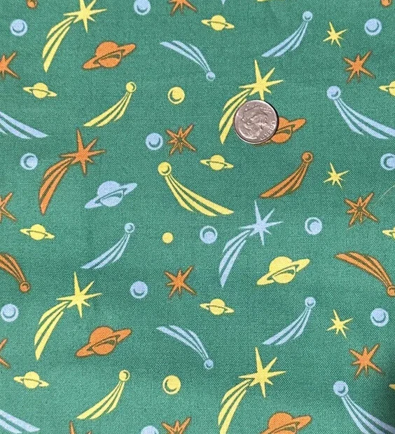 Cotton Fabric Stars and Planets Green BTHY Blast Off Connecting Threads - Image 2 of 2