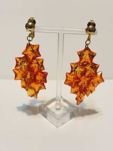 VTG Lucite Star Clip Earrings Dangle beaded Orange Statement Flashy Waterfall