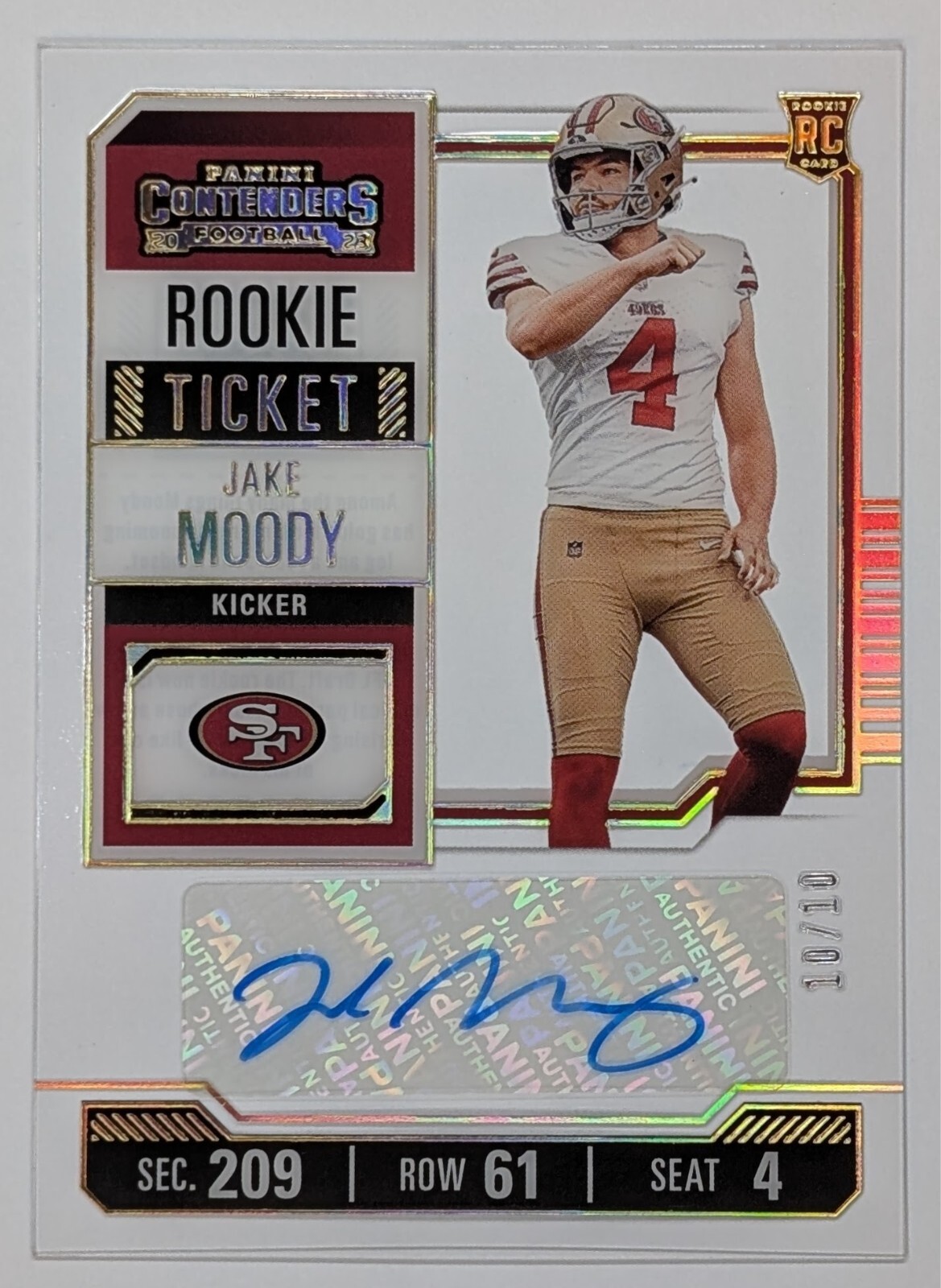 JAKE MOODY - 2023 Panini Contenders Rookie Ticket Gold Auto 10/10 NFL RC 49ers