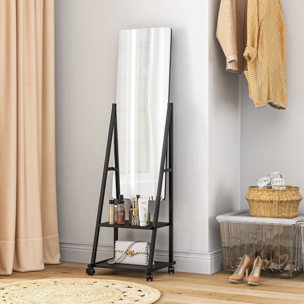 Rolling Full Length Mirror Full Body Mirror with Adjustable Angle