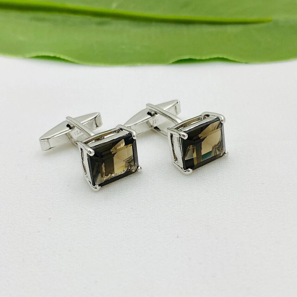 Gemelos de plata de ley 925 con piedras preciosas de topacio ahumado natural para regalo de cumpleaños para hombre Foto 2 de 4