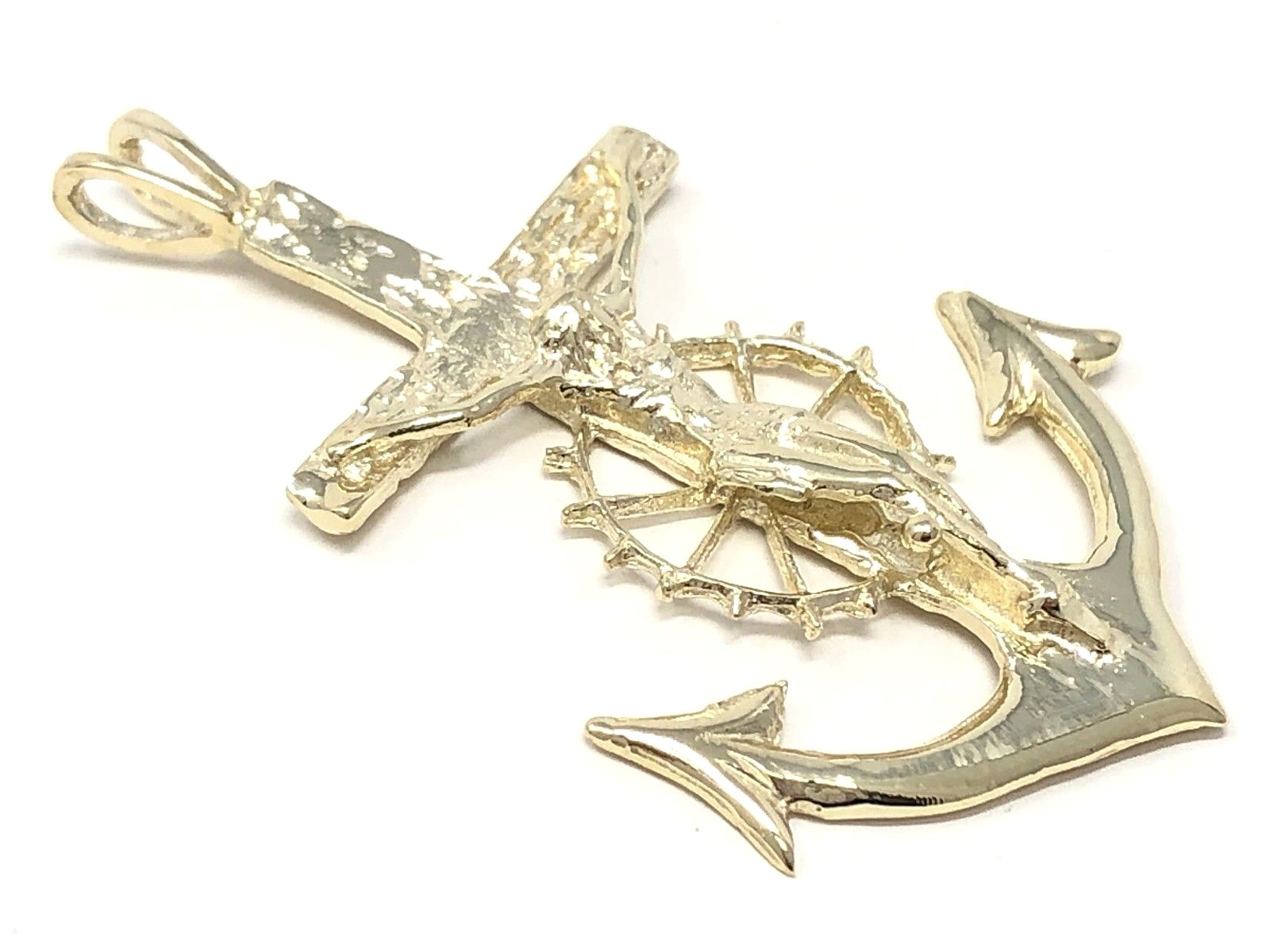 10k Yellow Gold Jesus Crucifix Wheel Mariners Anchor Cross Pendant 1.85 ...