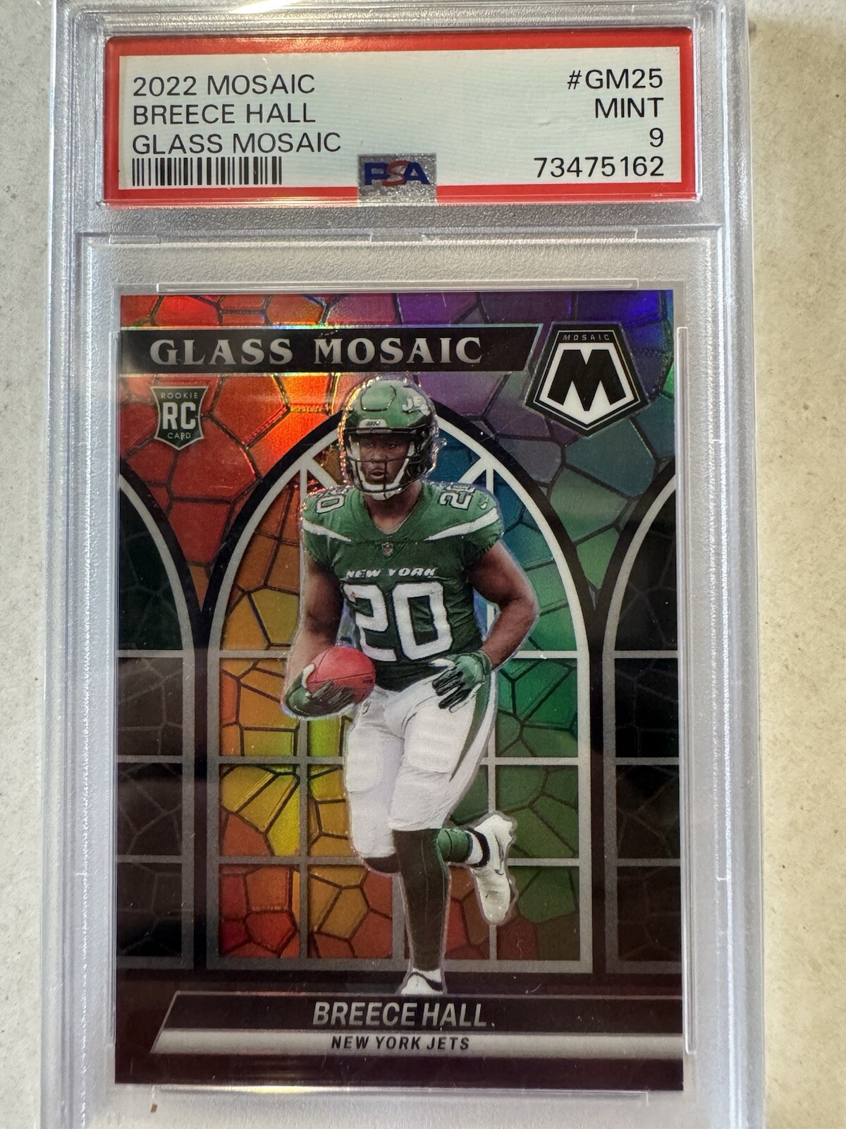 2022 Mosaic Football Breece Hall #GM-25 Stained Glass Jets SSP PSA 9