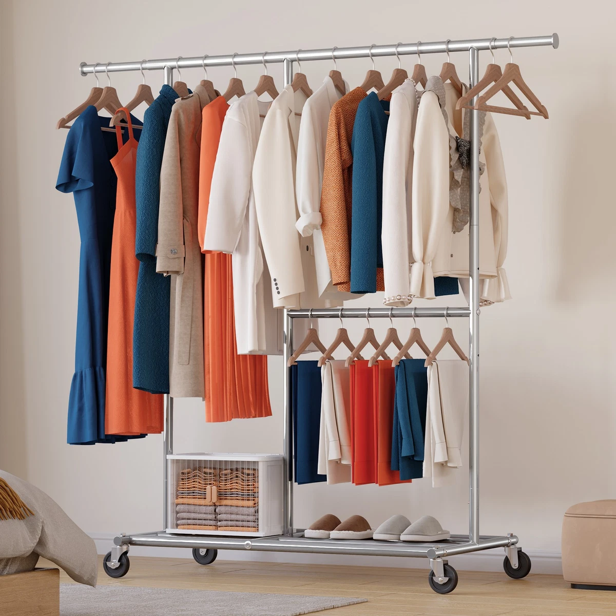metal dress rack Raybee Double Rod Clothes Hanger Rack, Metal Rolling Clothing Rack With Wheels, 52