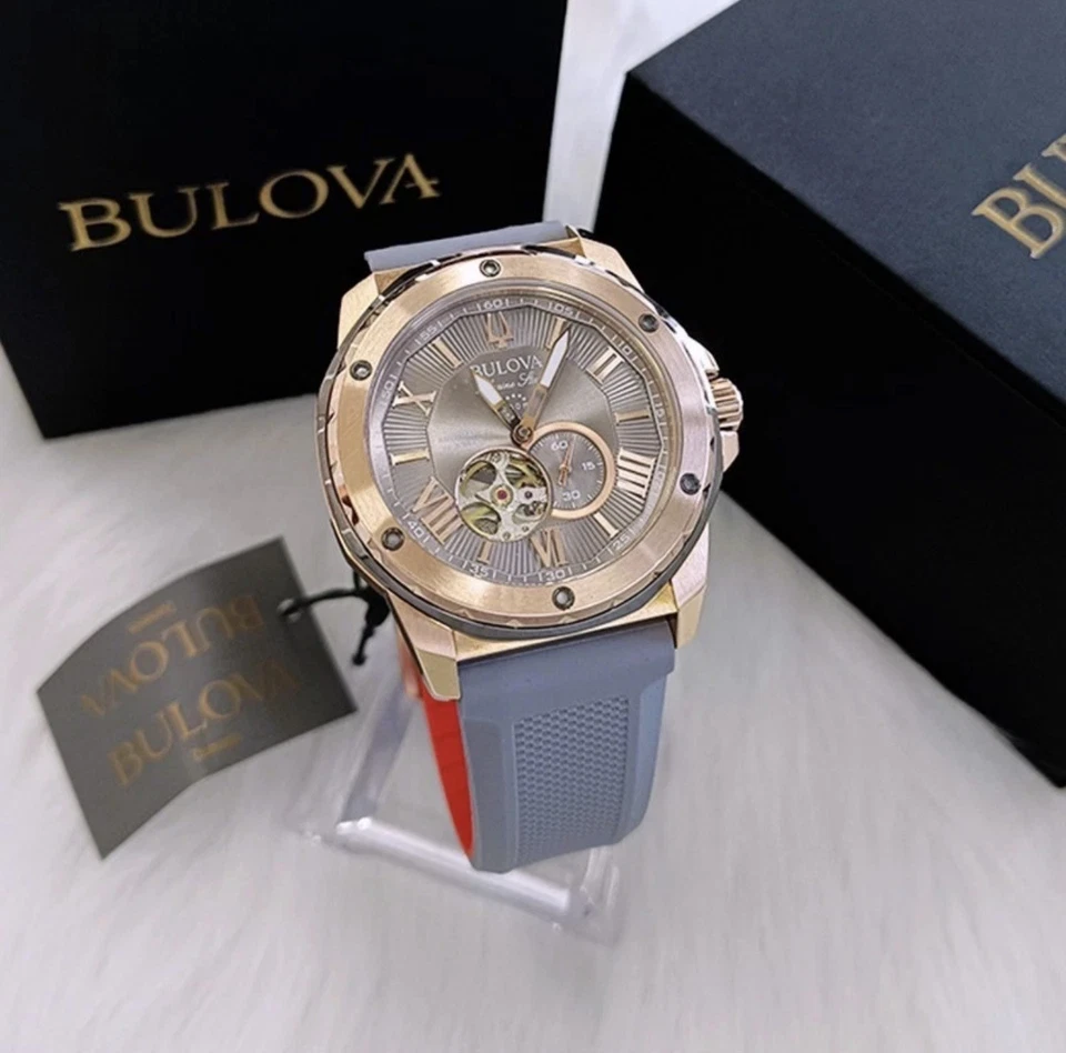 Bulova Marine Star Rose Gold Dial Grey Rubber Strap Men's Automatic Watch 98A228 - Image 3 of 4