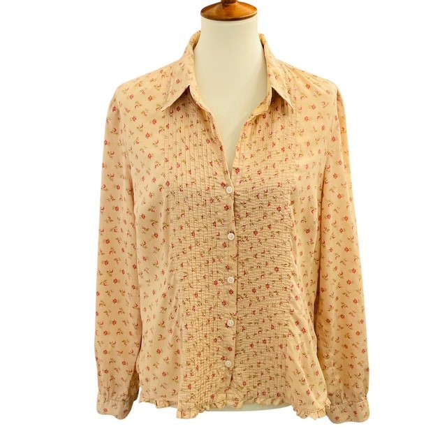 Vtg Tommy Hilfiger LS Pintuck Top Sz XL Peach Floral Ruffle Cottagecore Prairie