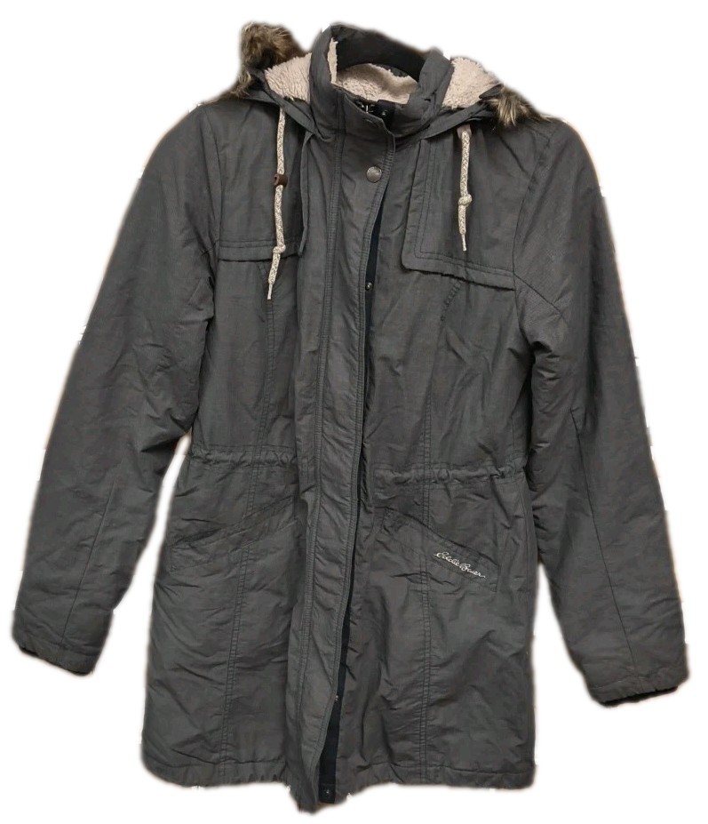 Eddie Bauer Women’s Parka Jacket Small Sherpa Lined Faux Fur Hood Winter Coat