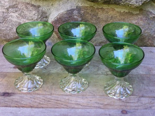 6 VINTAGE ANCHOR HOCKING FOREST GREEN CHAMPAGNE SHERBET BOOPIE BURPLE GLASSES