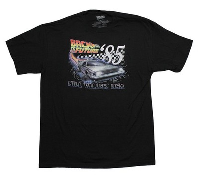 Back to the Future Mrns T-Shirt - '85 DeLorean Flying Time Hill Valley, USA