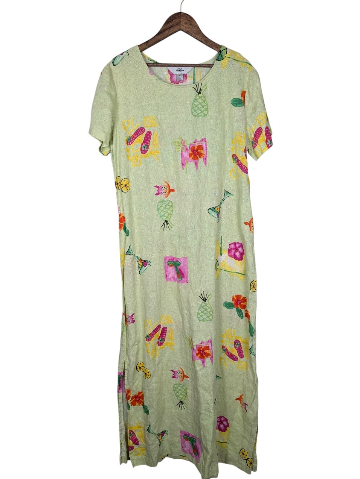 AKS Amy K Su Green Beachy Tropical Print 100% Linen Maxi Dress Size M