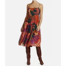 FARM RIO GRAPHIC JUNGLE PRINT FIT AND FLARE MIDI DRESS BEADED TIES SZ SMALL