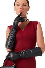 Side Button Long Leather Gloves for Women with Plush Lining Warm Elegant for