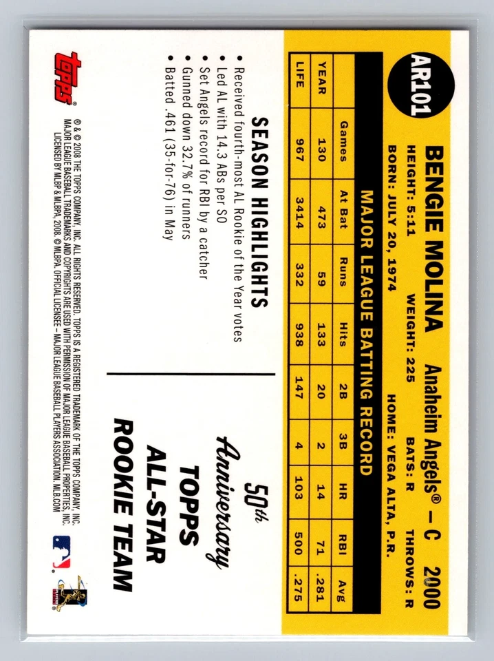 2008 Topps #AR101 Bengie Molina All-Rookie Team 50th Anniversary MLB Angels - Image 2 of 2