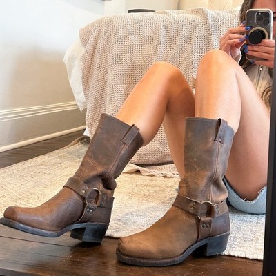 Frye Vintage Brown Leather Harness Boots Square Toe 7.5