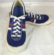 Vtg 70s Cotton Canvas Sneakers Tennis Shoes Navy BLue Red WHite Stripe Sz 7