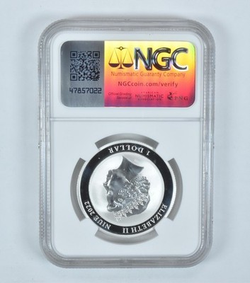 2022 Niue 1 Dollar Silver Spinner Dolphin 1/2 Oz MS69 NGC Brown