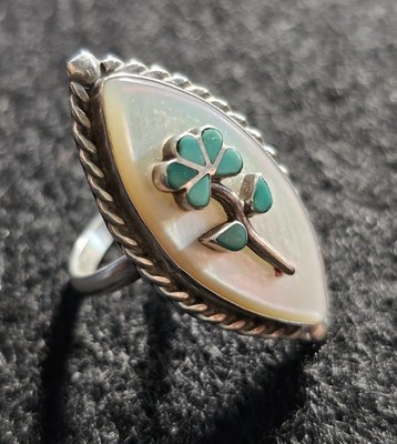 Vintage Old Pawn Native Navajo Ring Sterling Silver Mother of Pearl, Turquoise