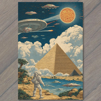 Art Print Astronaut Pyramid UFO Fleet Alien Sun Egypt Cosmic Encounter Vision