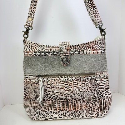 Myra Smokey Leather & Hairon Crossbody Bag Purse Boho Leather Brown White Grey