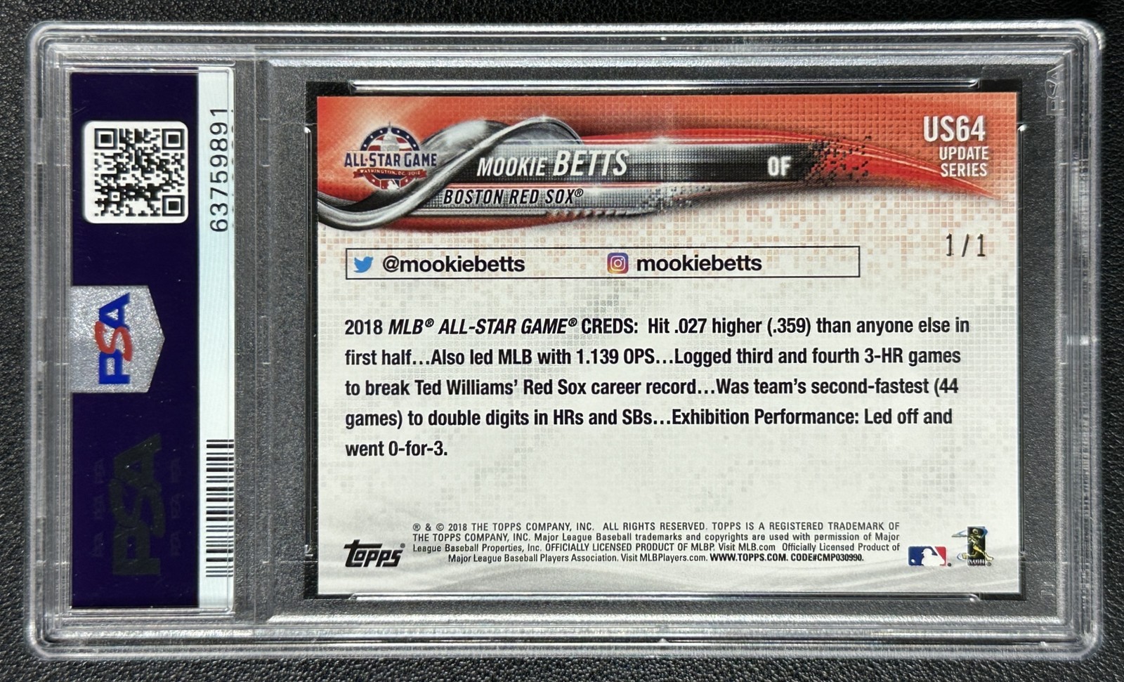 MOOKIE BETTS PSA 8 2018 TOPPS UPDATE #US64 PLATINUM ALL-STAR 1/1 RED SOX view 2